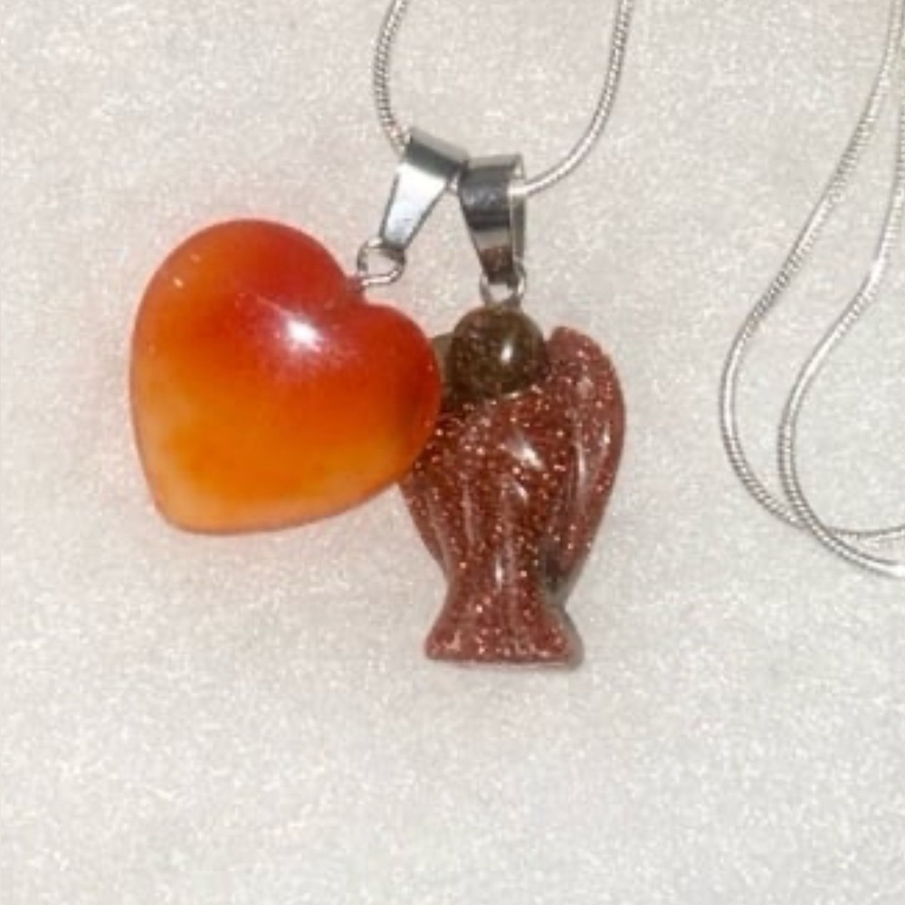 Boho Goldstone Crystal Angel & Carnelian Heart Sterling Silver Necklace 16”